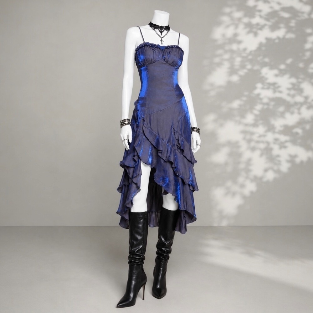 Vintage Y2K  Fairy Slip Dress Blue Ruffle Butterfly Whimsigoth Midi Niu Niu XS